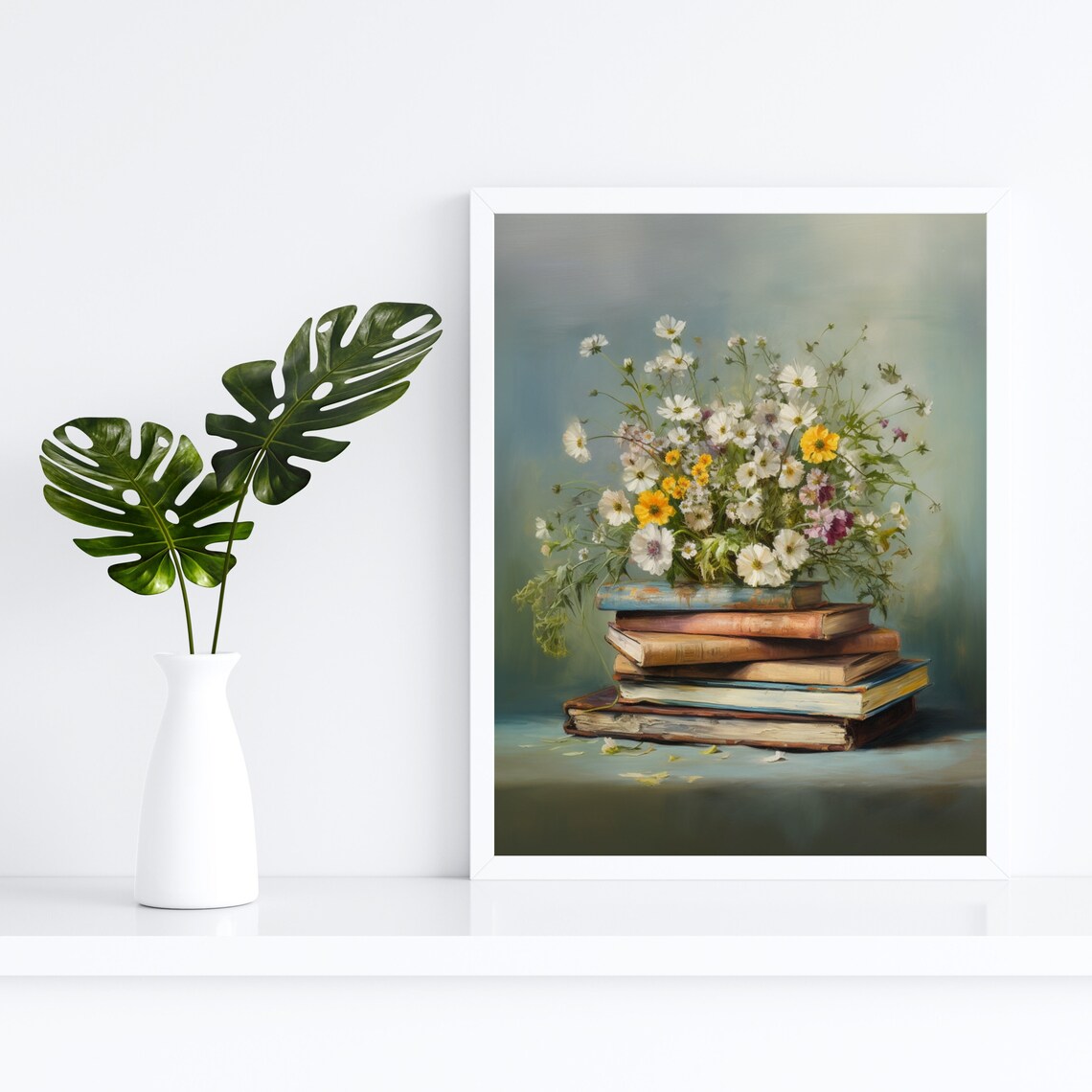 Wildflowers on Stack of Old Books Vintage Still Life Floral Painting Poster - Image 6