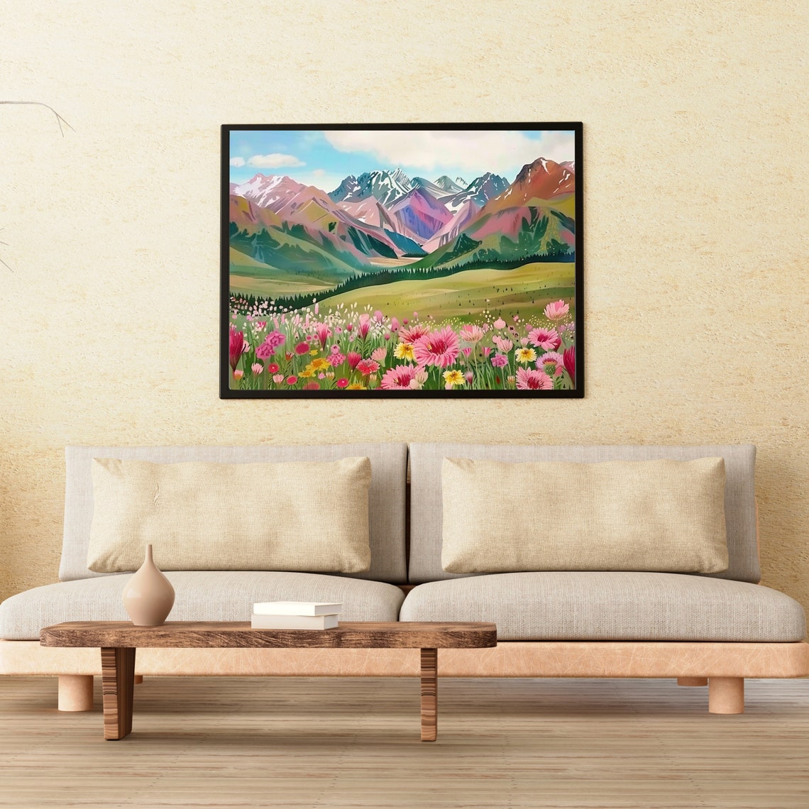 Pink Wildflower Meadow Beneath Snowcapped Peaks Landscape Poster - Image 3