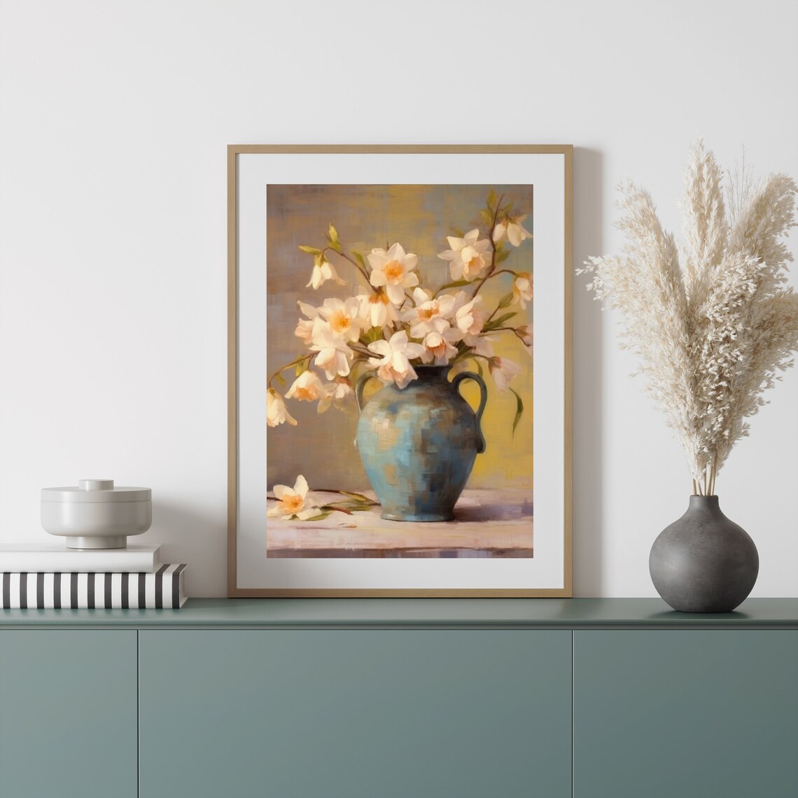 White Daffodils in Blue Vase Vintage Still Life Floral Oil Painting Poster - Image 2