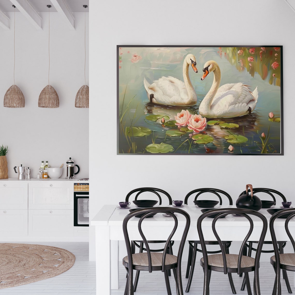 Two Graceful White Swans Beside Pink Water Lilies Pond Poster