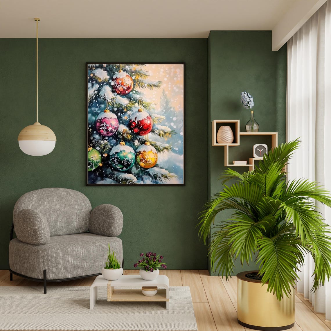 Snowy Christmas Tree Branch Colorful Bauble Winter Art Poster - Image 3