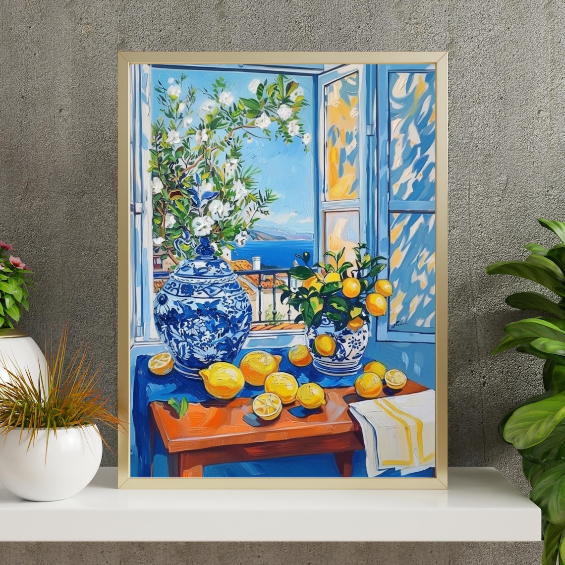 Mediterranean Window View with Lemons Blue Shutters Impressionist Poster - Image 5
