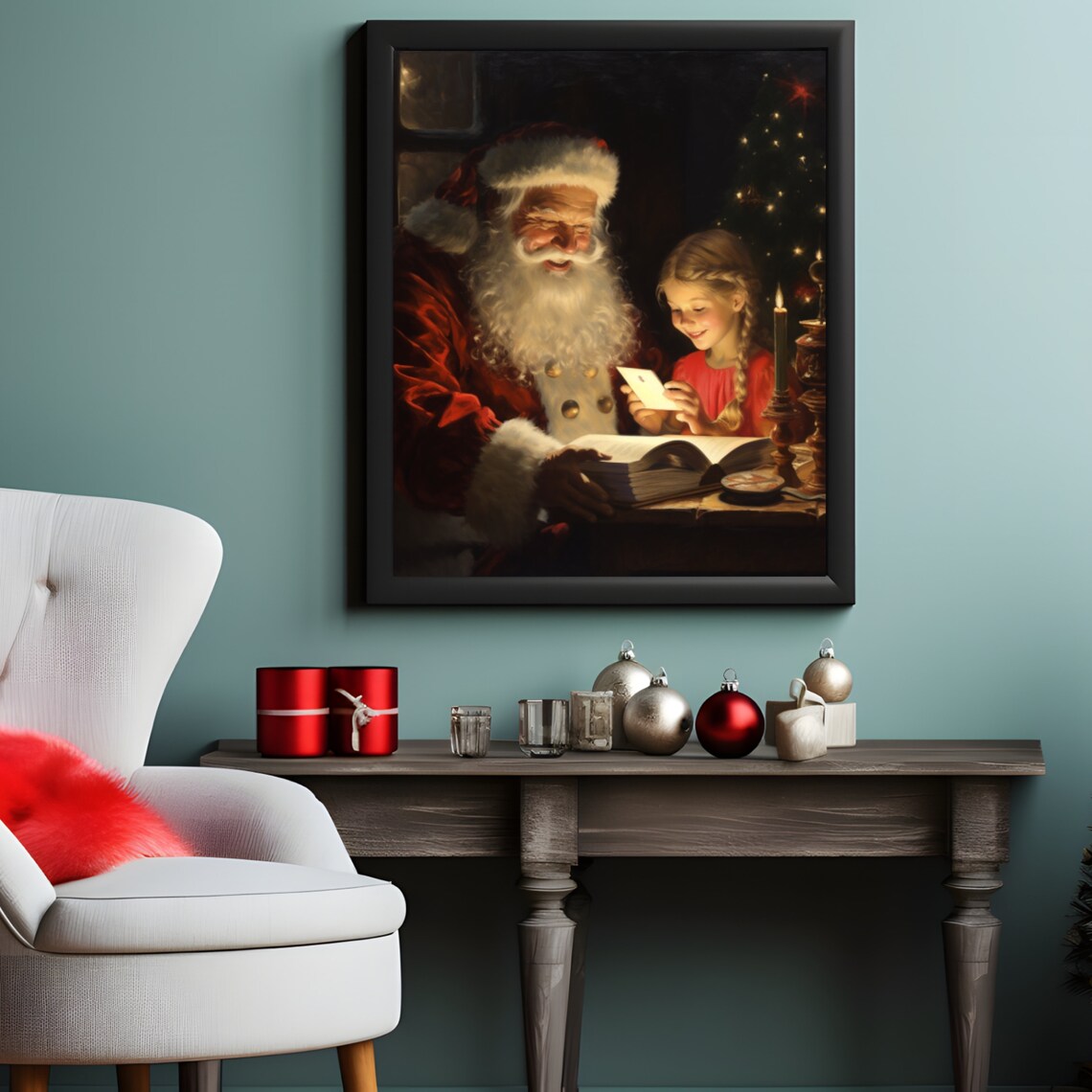 Santa Claus Little Girl Christmas Card Reading Painting Poster - Image 3