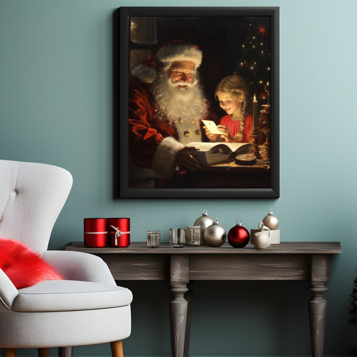 Santa Vintage Christmas Wall Art Santa Claus Oil Painting Rustic Winter Christmas Art Seasonal Holiday Poster - Image 3