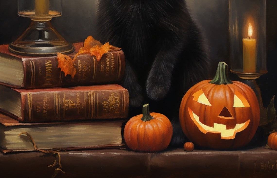 Black Cat In Witch Hat With Books And Jack O Lantern Halloween Poster - Image 5