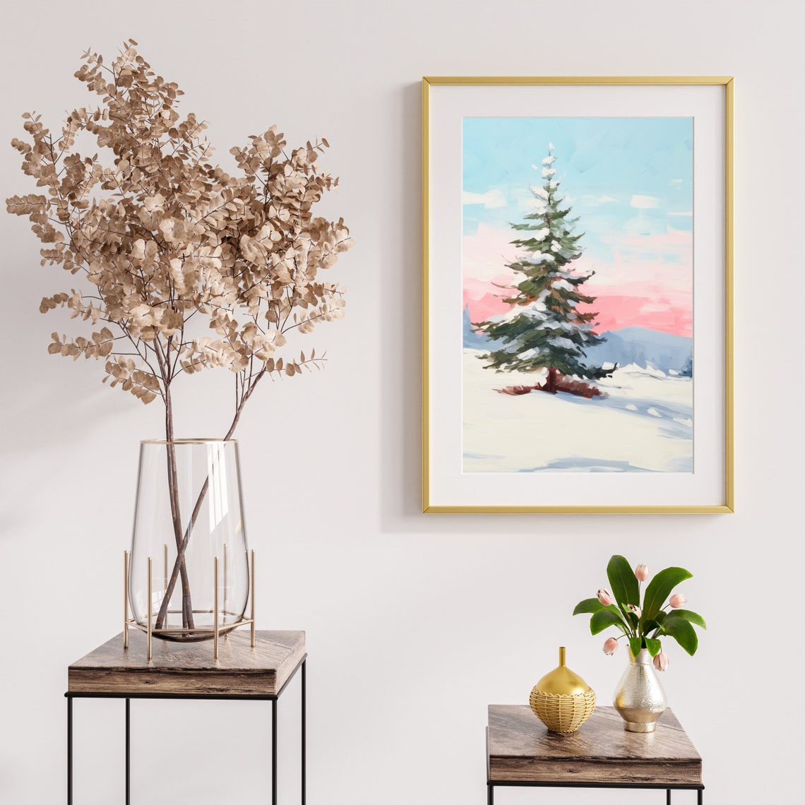 Snowy Pine Tree Pink Sunset Winter Landscape Painting Poster - Image 5