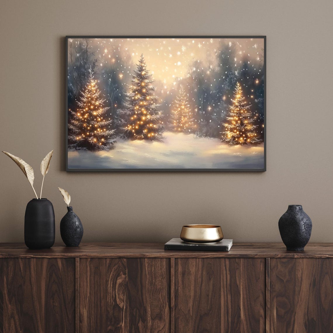 Glowing Christmas Trees Snowy Night Winter Forest Painting Poster - Image 3