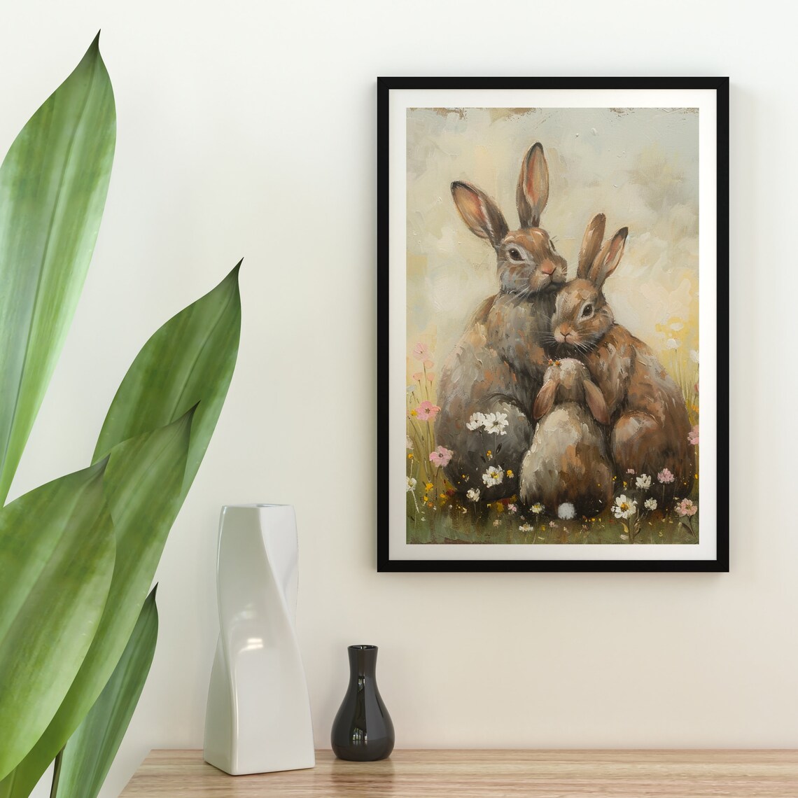 Vintage Rabbit Family Painting, Rustic Easter Art Print - Image 2
