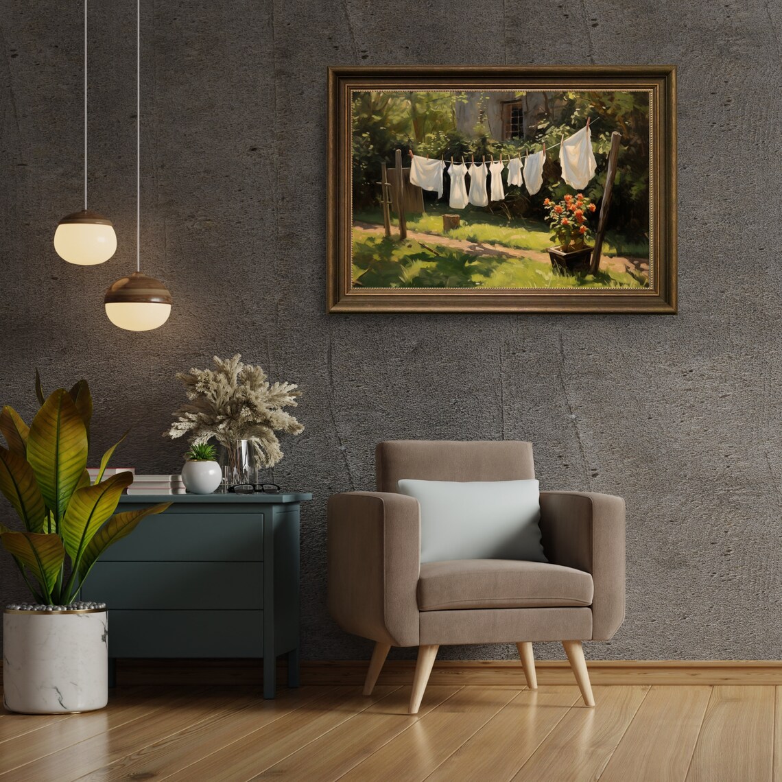 White Laundry Drying On A Clothesline In A Sunny Garden Painting Poster - Image 4