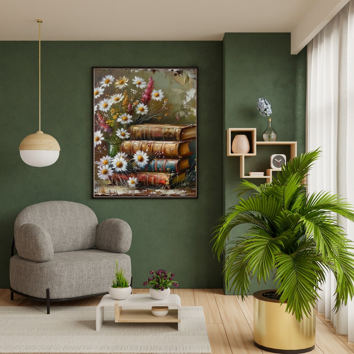 White Daisies with Stacked Antique Books Floral Artwork Poster - Image 3