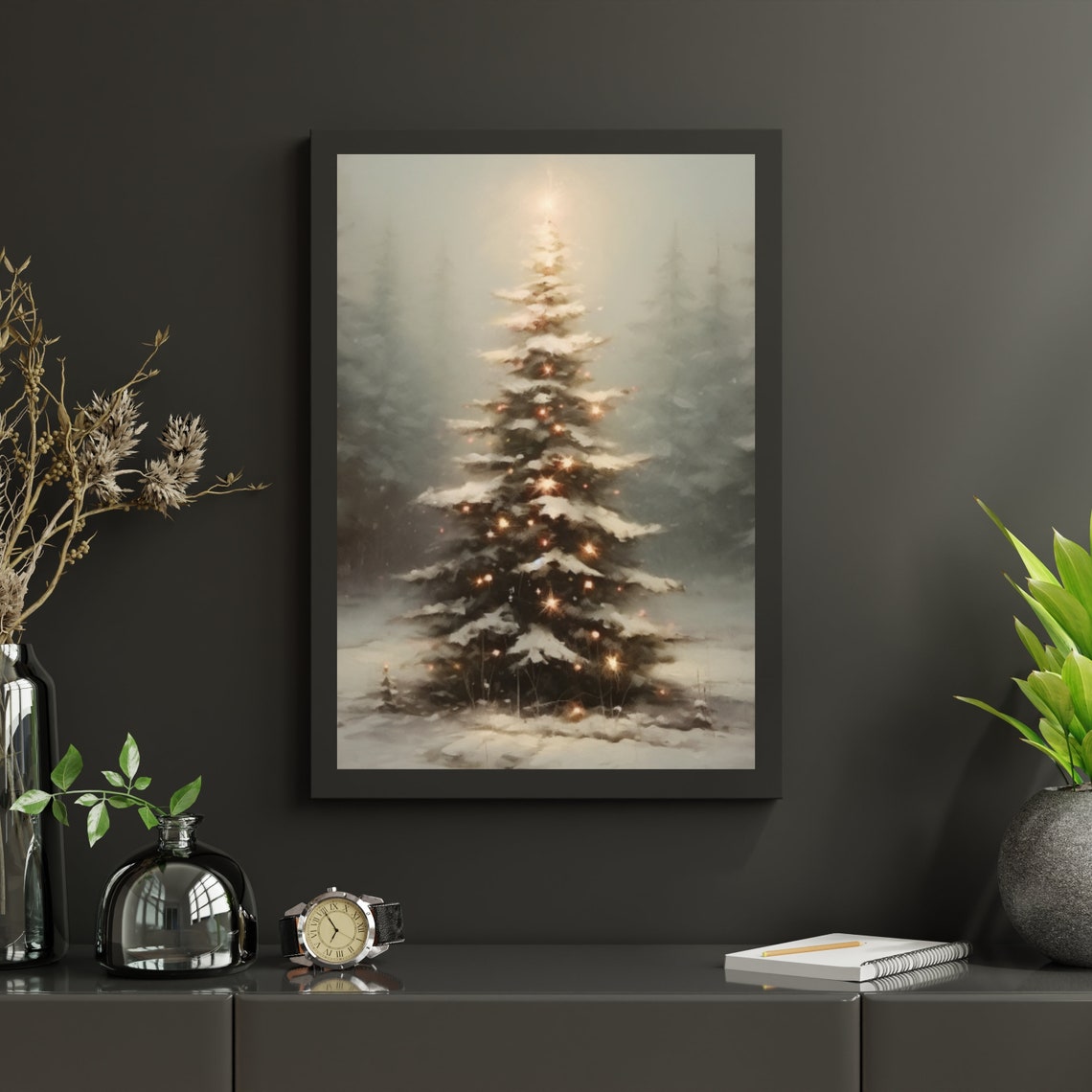Glowing Snowy Christmas Tree in Misty Winter Forest Painting Poster - Image 5