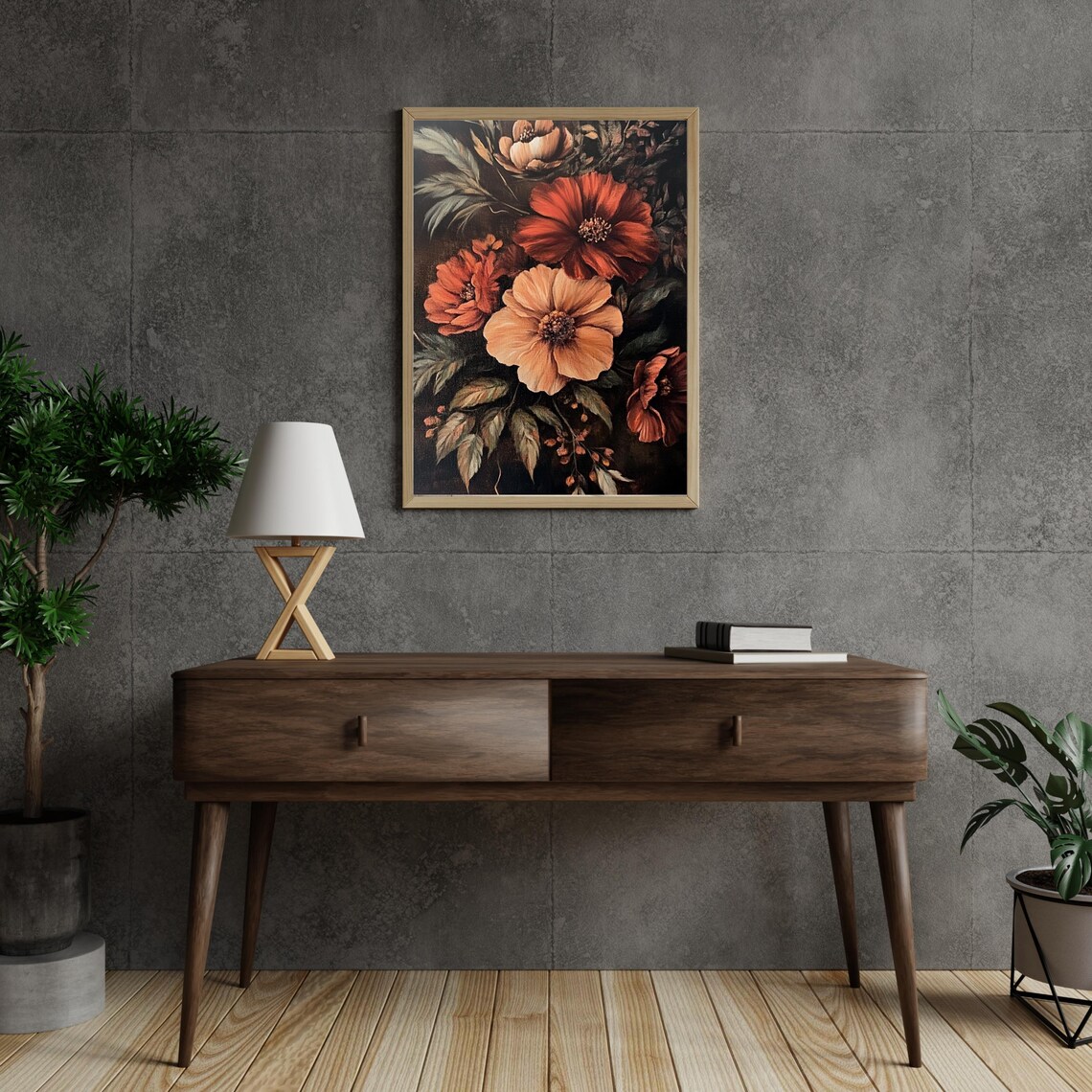 Moody Dark Floral Painting with Burnt Orange Blooms Vintage Art Poster - Image 2