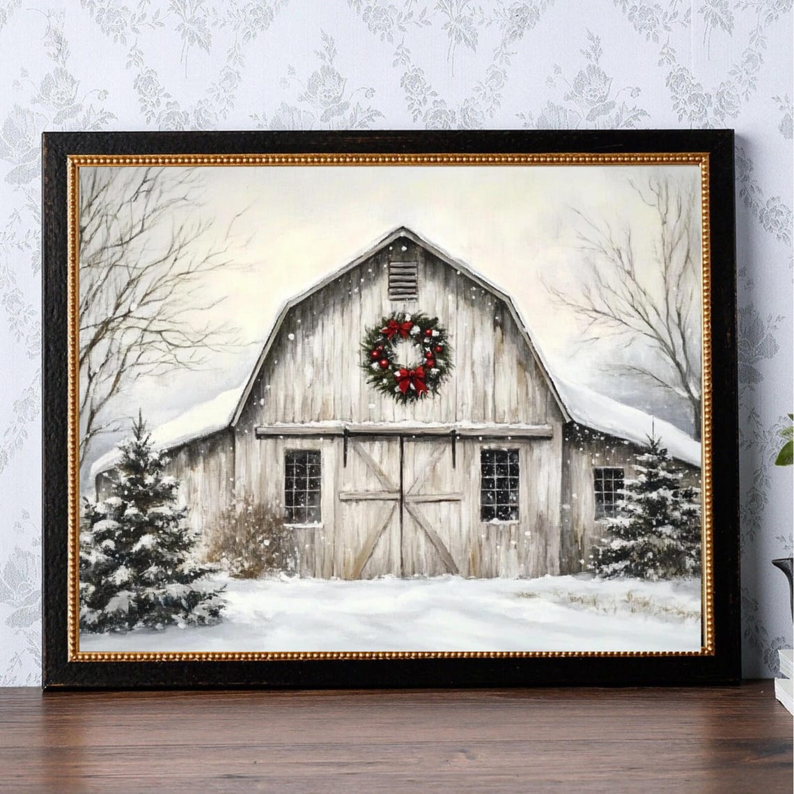 Snowy White Barn Christmas Wreath Winter Farm Painting Poster - Image 3