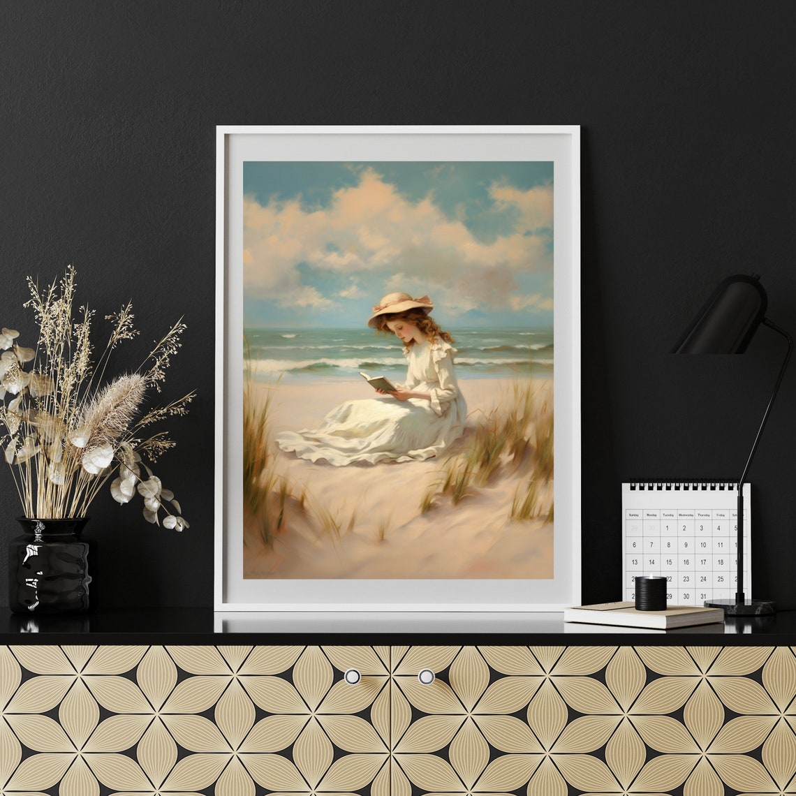 Woman Reading A Book On A Sunny Beach In White Dress Art Poster - Image 6