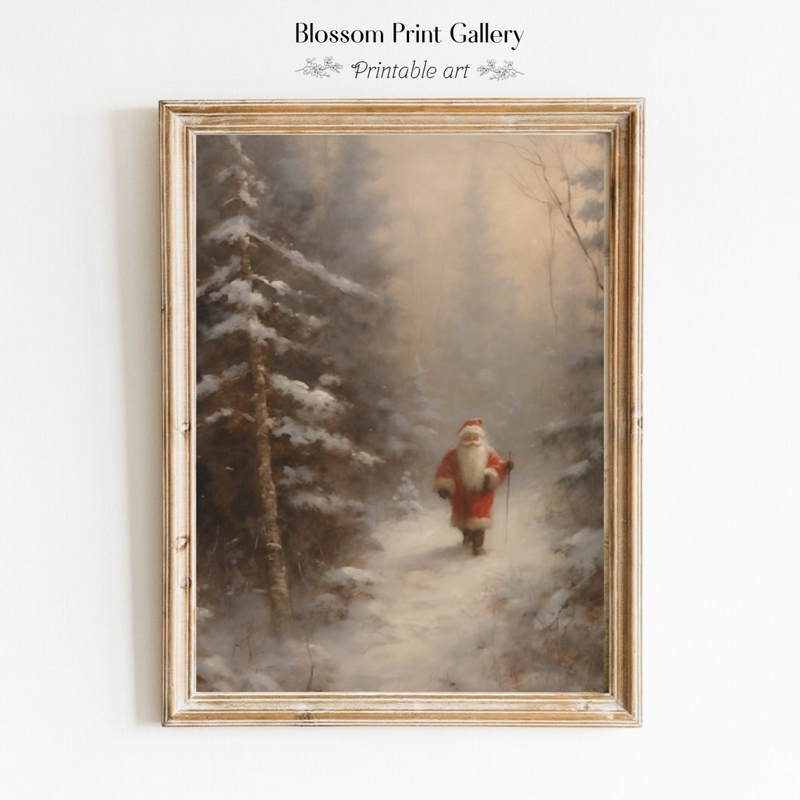 Santa Walking Through Snowy Winter Forest Vintage Christmas Poster