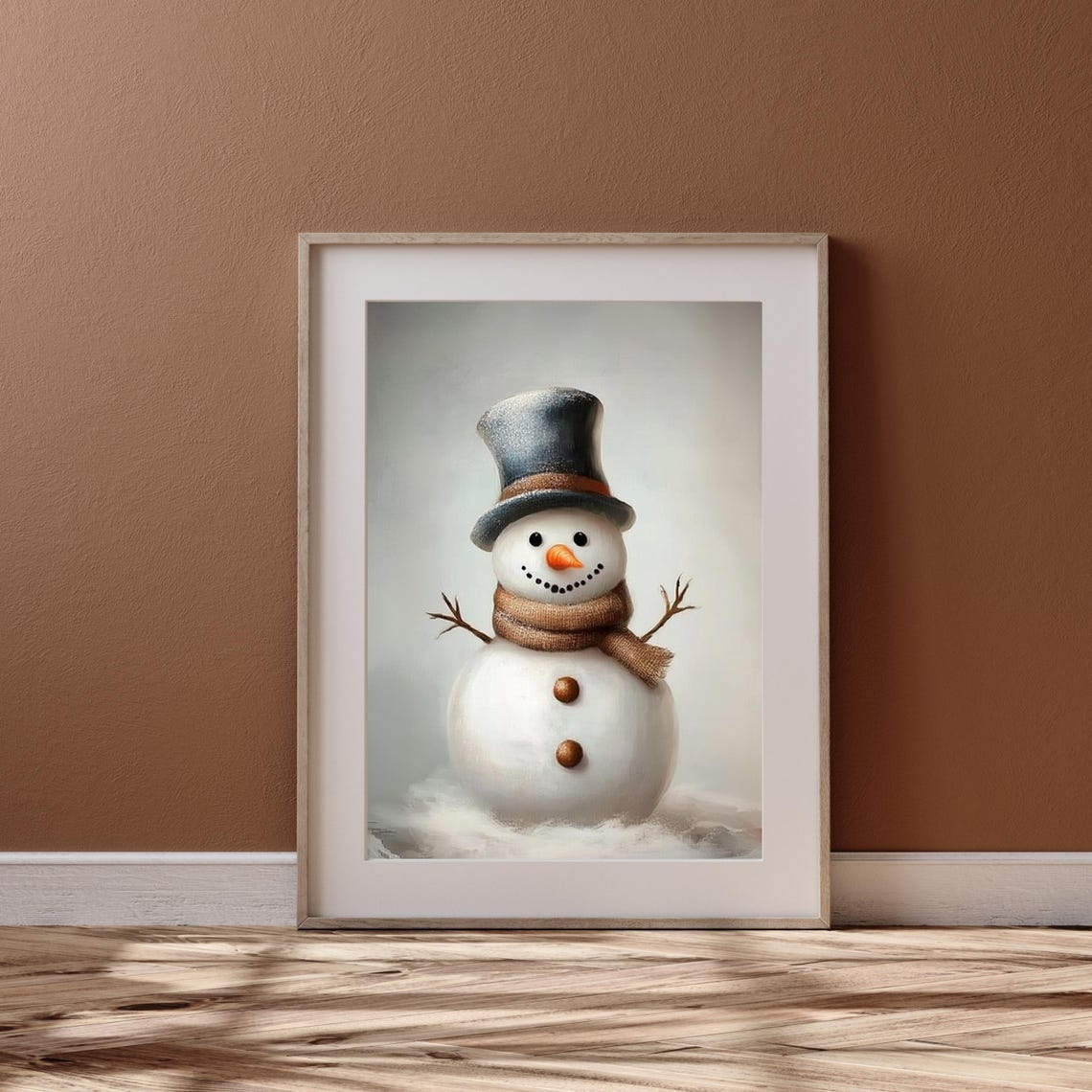 Snowman with Top Hat and Burlap Scarf Winter Painting Poster - Image 3