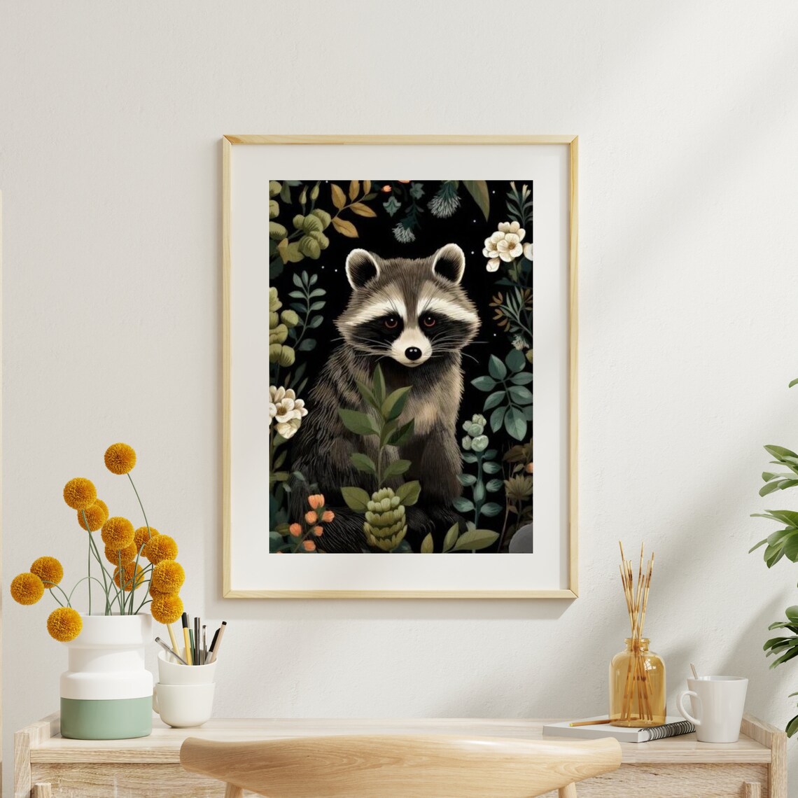 Raccoon Among Flowers Dark Botanical Folk Art Cute Woodland Animal Poster - Image 5