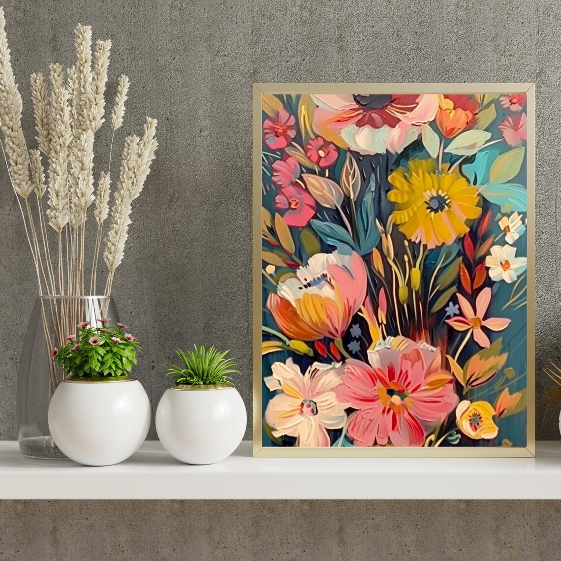 Bold Modern Floral Painting With Colorful Boho Blooms Wall Art