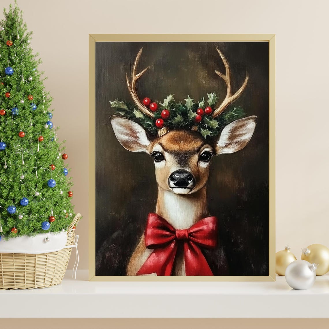 Festive Deer Portrait With Holly Crown And Red Bow Christmas Poster - Image 5