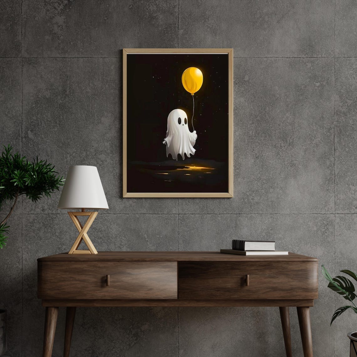 Little Ghost Holding Yellow Balloon Starry Night Halloween Poster - Image 2