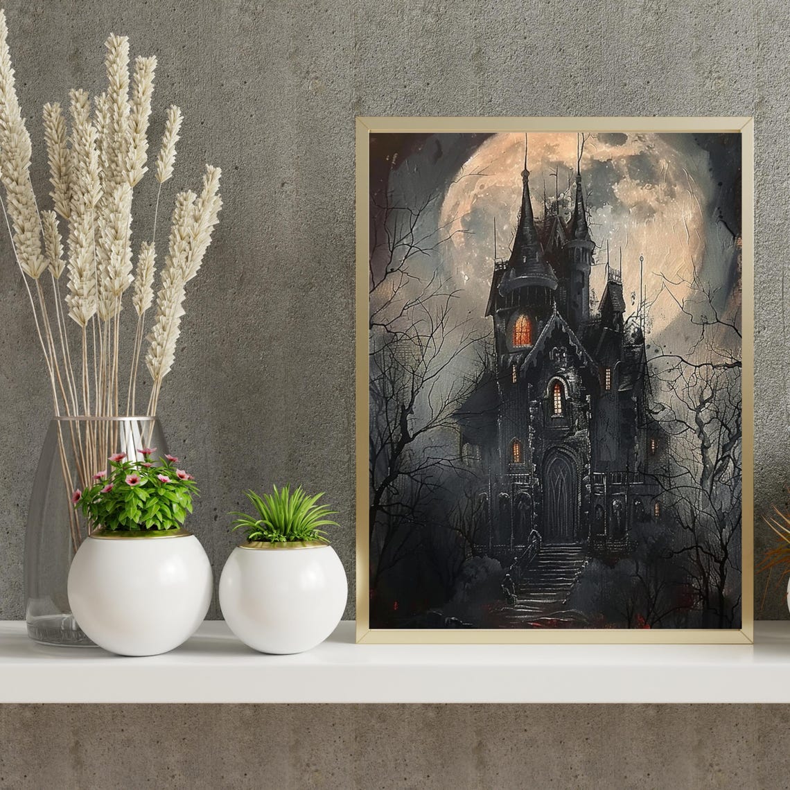 Gothic Haunted Castle under Full Moon Dark Halloween Painting Poster - Image 4