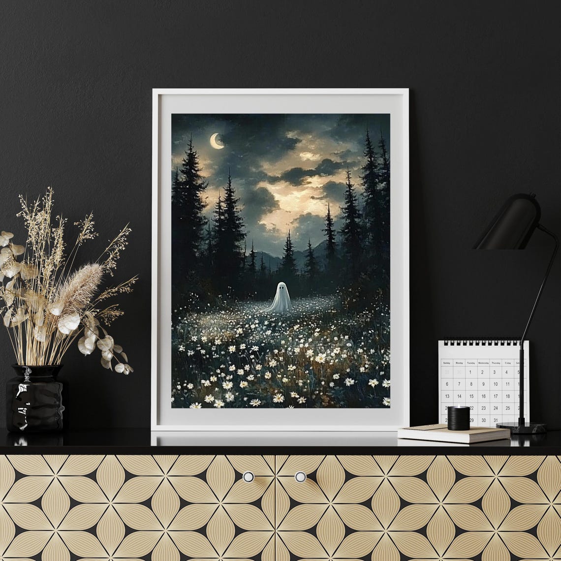 Cute Ghost in a Moonlit Wildflower Meadow Whimsical Wall Art - Image 6