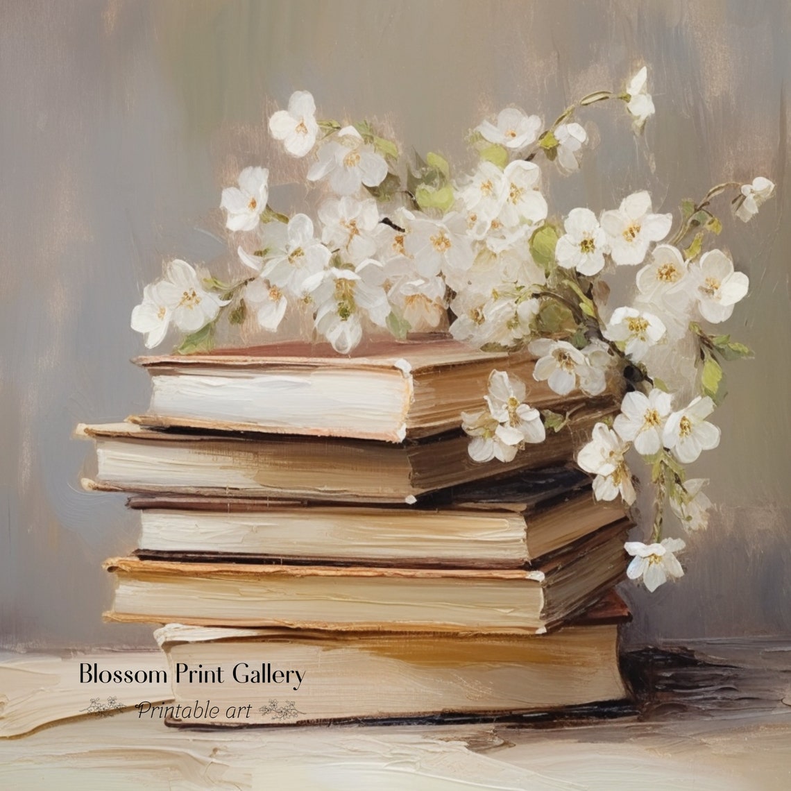 Stack Of Vintage Books Topped With White Spring Blossom Branches Print - Image 2