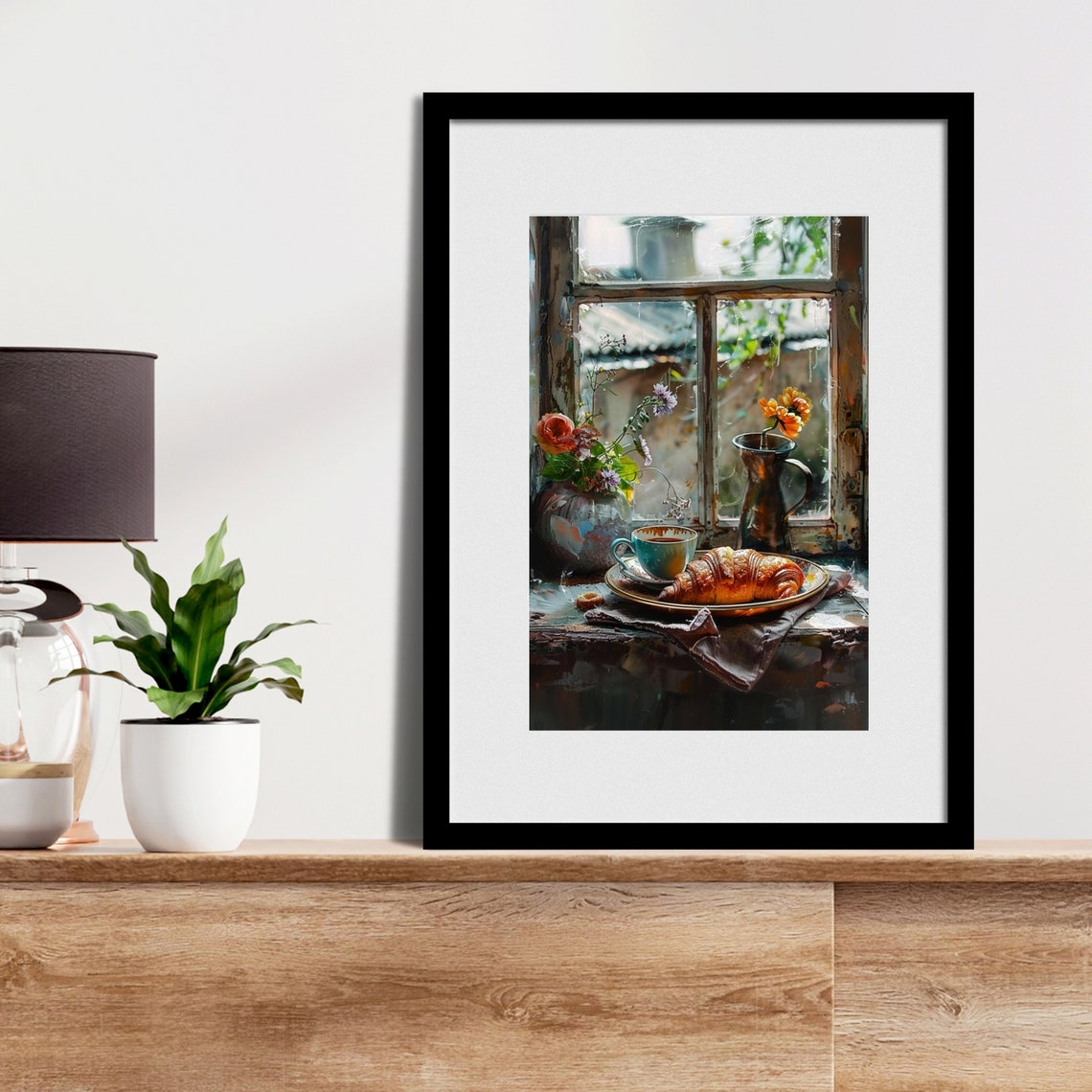 Morning Coffee And Croissant Rustic Windowsill Still Life Poster - Image 2