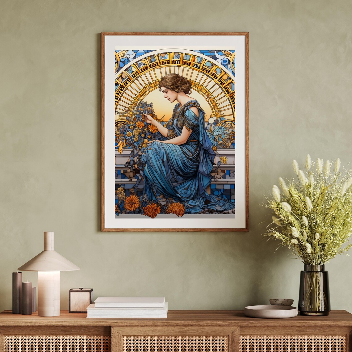 Art Nouveau Stained Glass Woman with Marigolds Painting Poster - Image 2