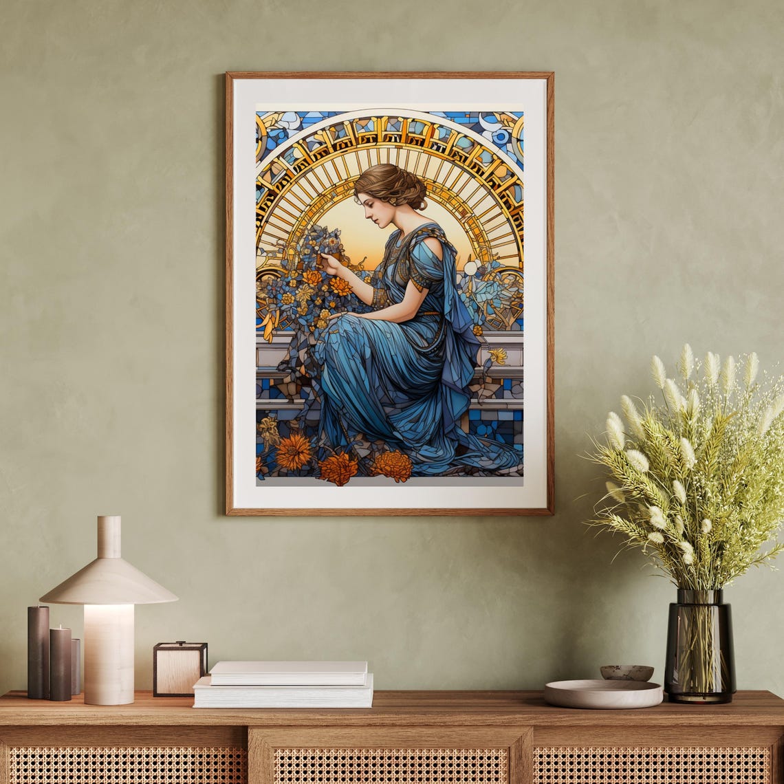 Woman In Blue Dress Wall Art Still Life Print Mosaic Wall Art Tempered Glass Decor Stained Glass Greek Art Woman Portrait 744 - Image 2