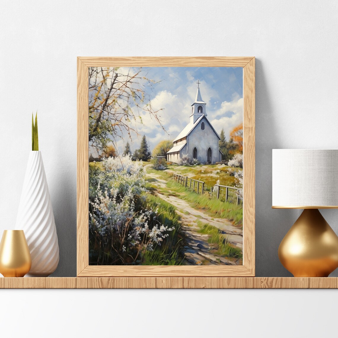 White Country Church Spring Blossom Meadow Chapel Oil Painting Poster - Image 6
