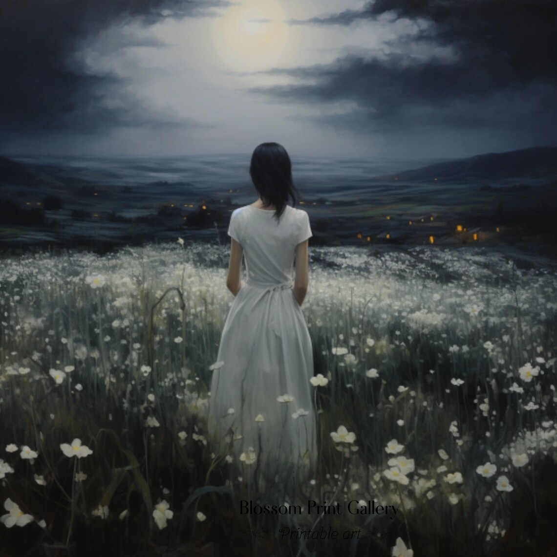 Woman In White Dress Under Full Moon Night Wildflower Meadow Art Poster - Image 2