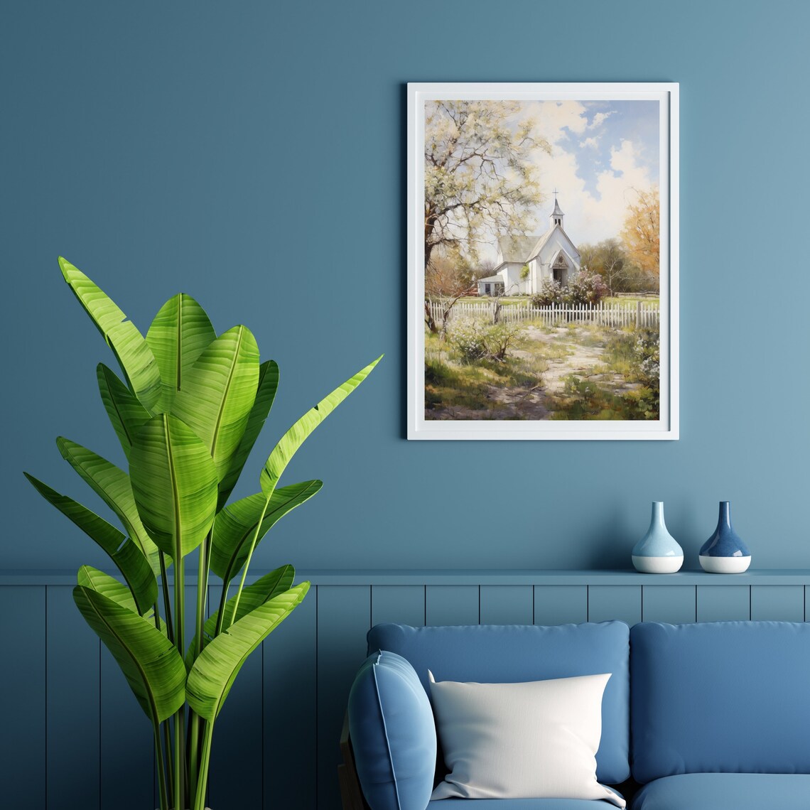 Vintage Old Church Print Spring Landscape Oil Painting Farmhouse Decor Living Room Wall Art Country Scenery 516 - Image 3