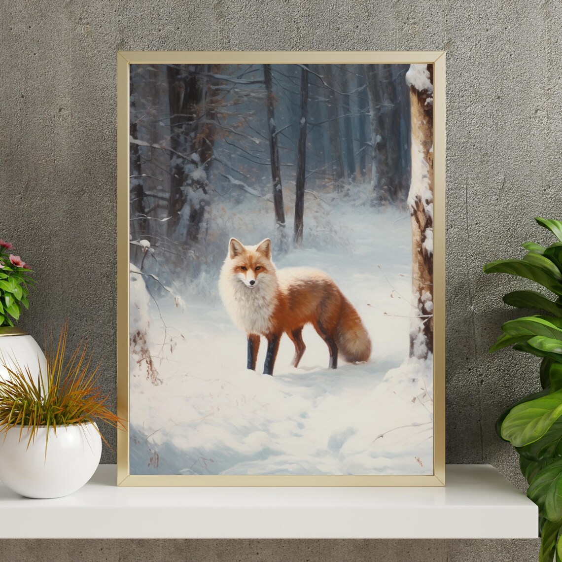 Red Fox In Snowy Winter Forest Rustic Woodland Animal Portrait Poster - Image 6