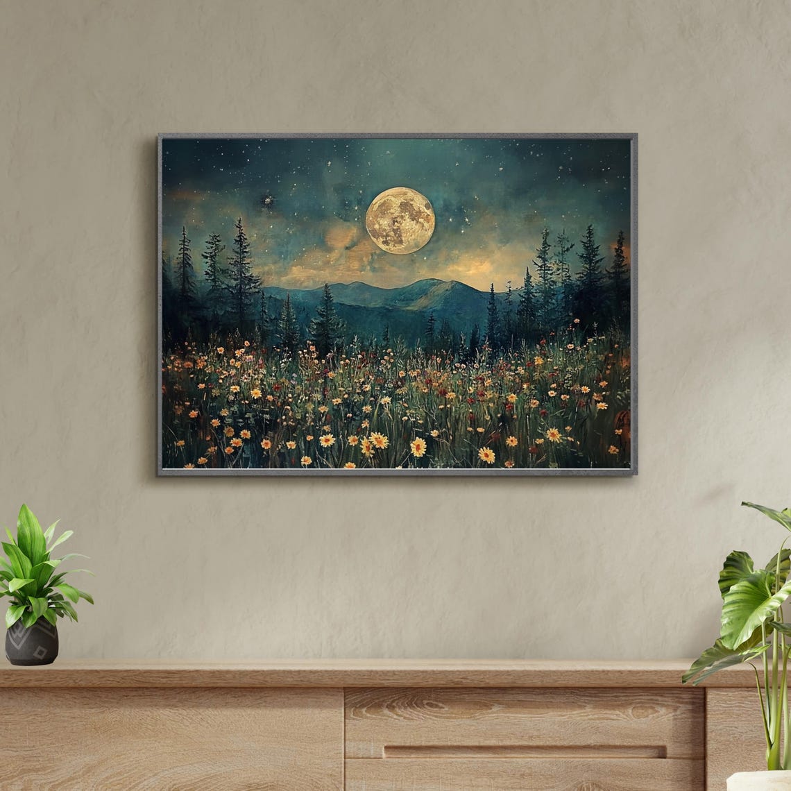 Midnight Meadow Full Moon Starry Night Sky Wildflower Scenery Poster - Image 3
