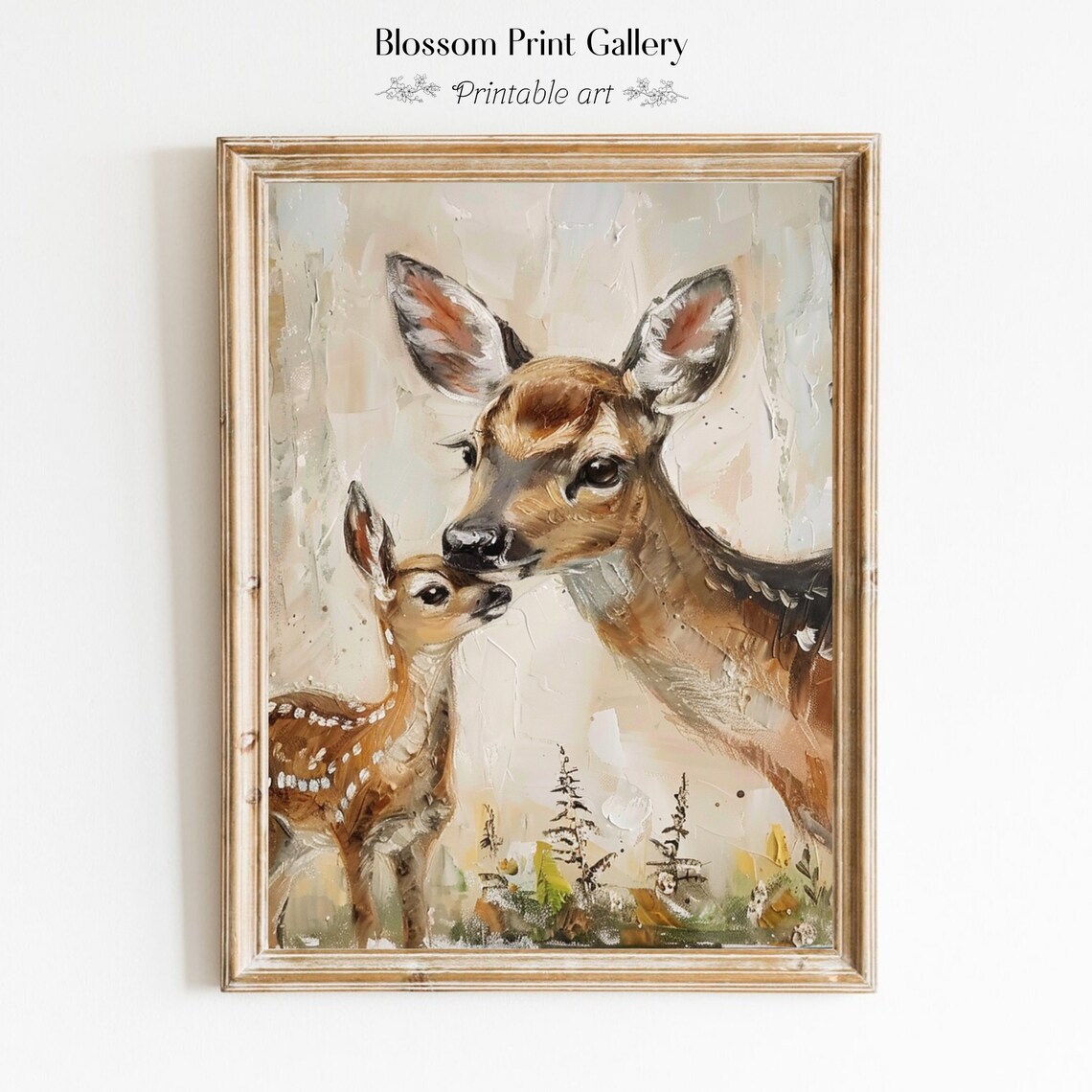 Doe And Fawn Nuzzling In Forest Vintage Wildlife Painting Poster