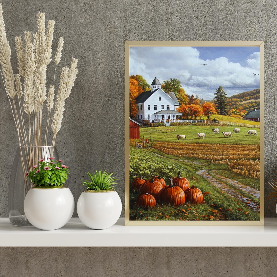 Autumn Farm Scene With White Farmhouse Cows And Pumpkins Poster - Image 2