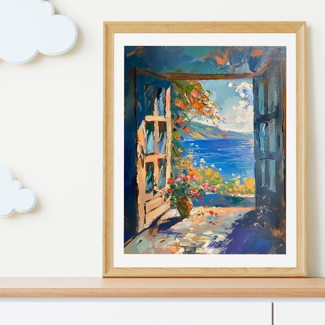 Mediterranean Sea View Through Open Windows Oil Painting Poster - Image 2