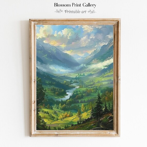 Green Mountain Valley River Landscape Spring Meadow Art Poster