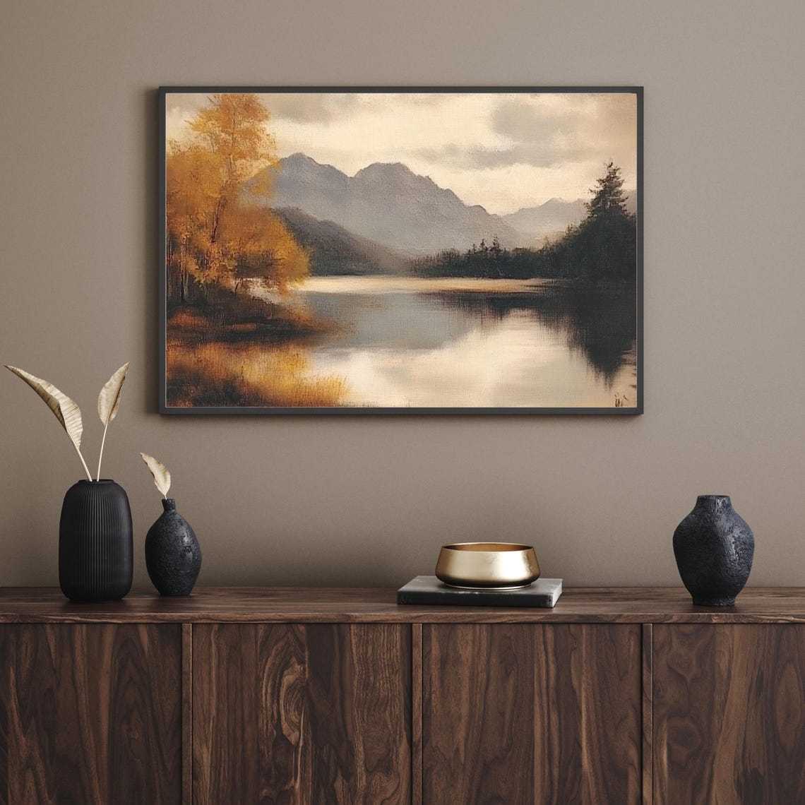 Moody Autumn Mountain Lake with Golden Fall Trees Reflection Poster - Image 3
