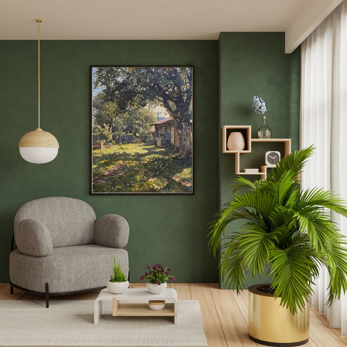 Sunlit Country Garden with Rustic Cabin under Big Tree Painting Poster - Image 4