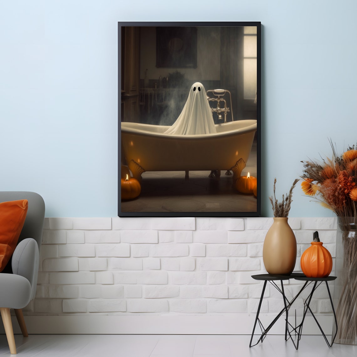 Ghost In Vintage Clawfoot Bathtub With Pumpkins Spooky Poster - Image 4