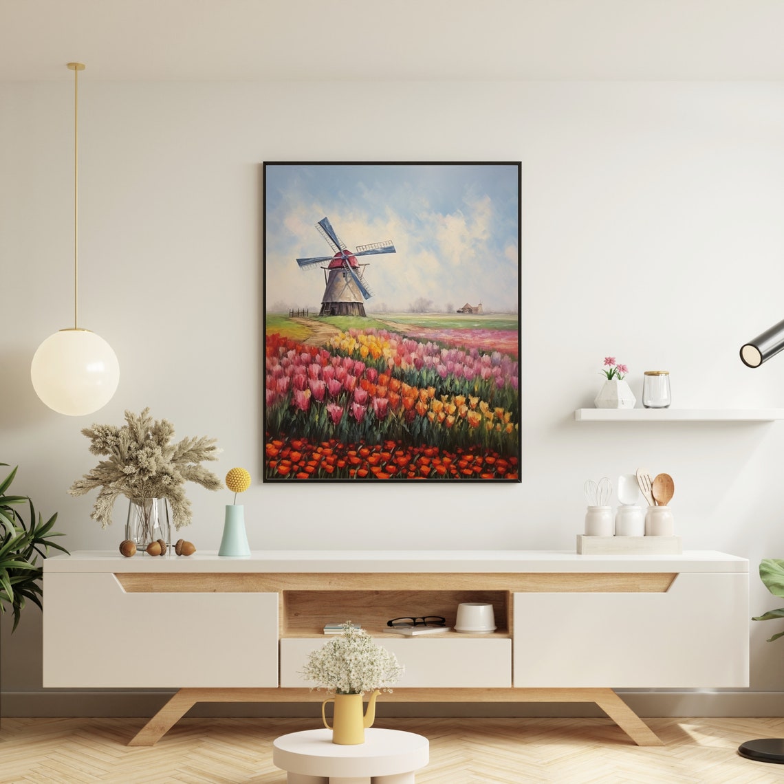 Dutch Windmill among Colorful Tulip Fields Spring Painting Poster - Image 4