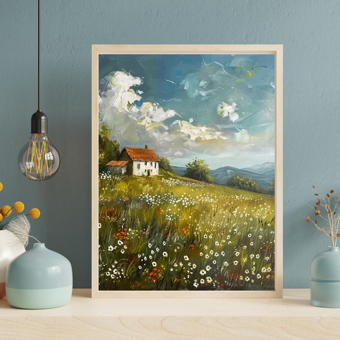 Wildflower Meadow With White Farmhouse Impasto Clouds Rustic Art Poster - Image 3