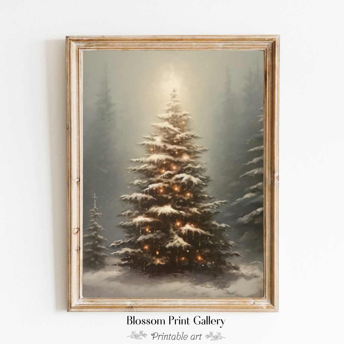 Snowy Pine Tree with Warm Lights Vintage Winter Landscape Poster