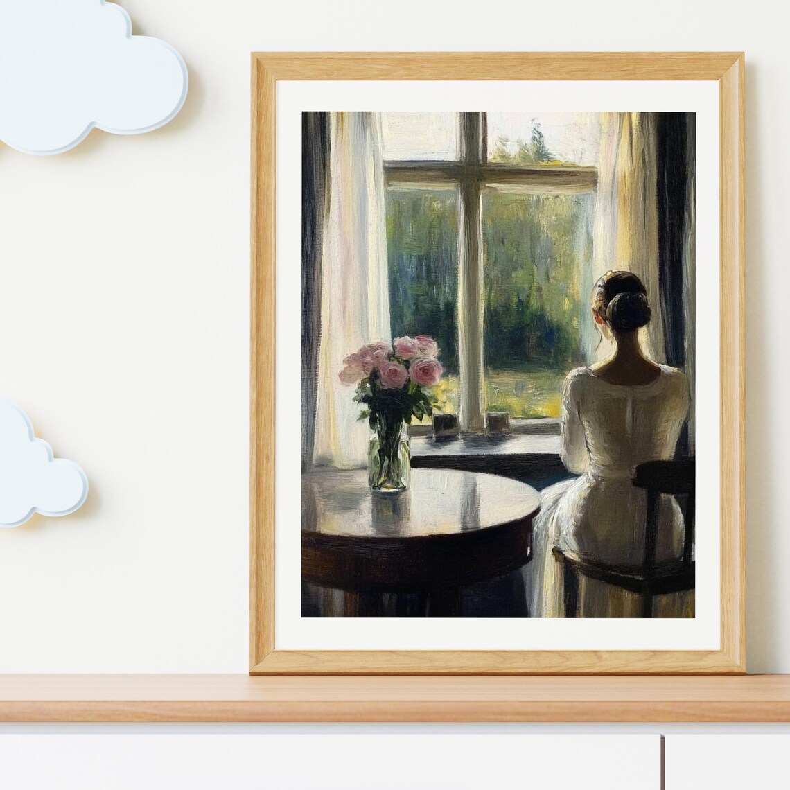 Woman By Window Pink Roses Sunlit Garden Vintage Painting Poster - Image 3