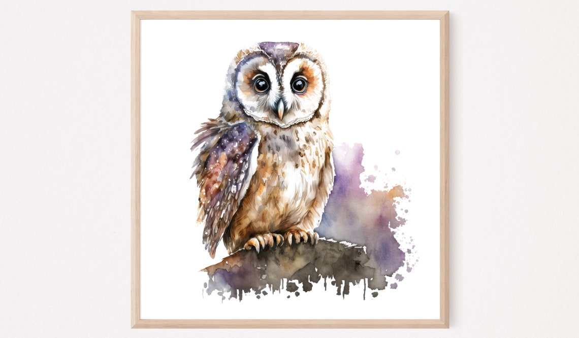 Cute Watercolor Owl On Branch Purple Splash Nature Art Poster