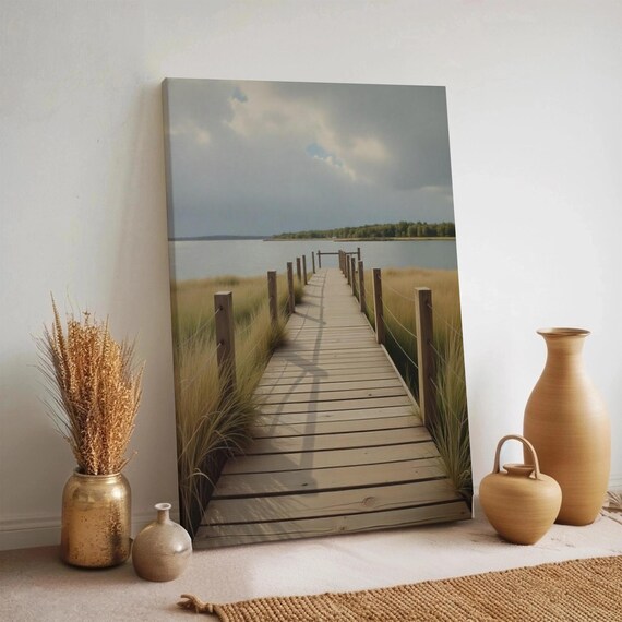 Wooden Boardwalk Through Tall Marsh Grass to the Lake Art Print