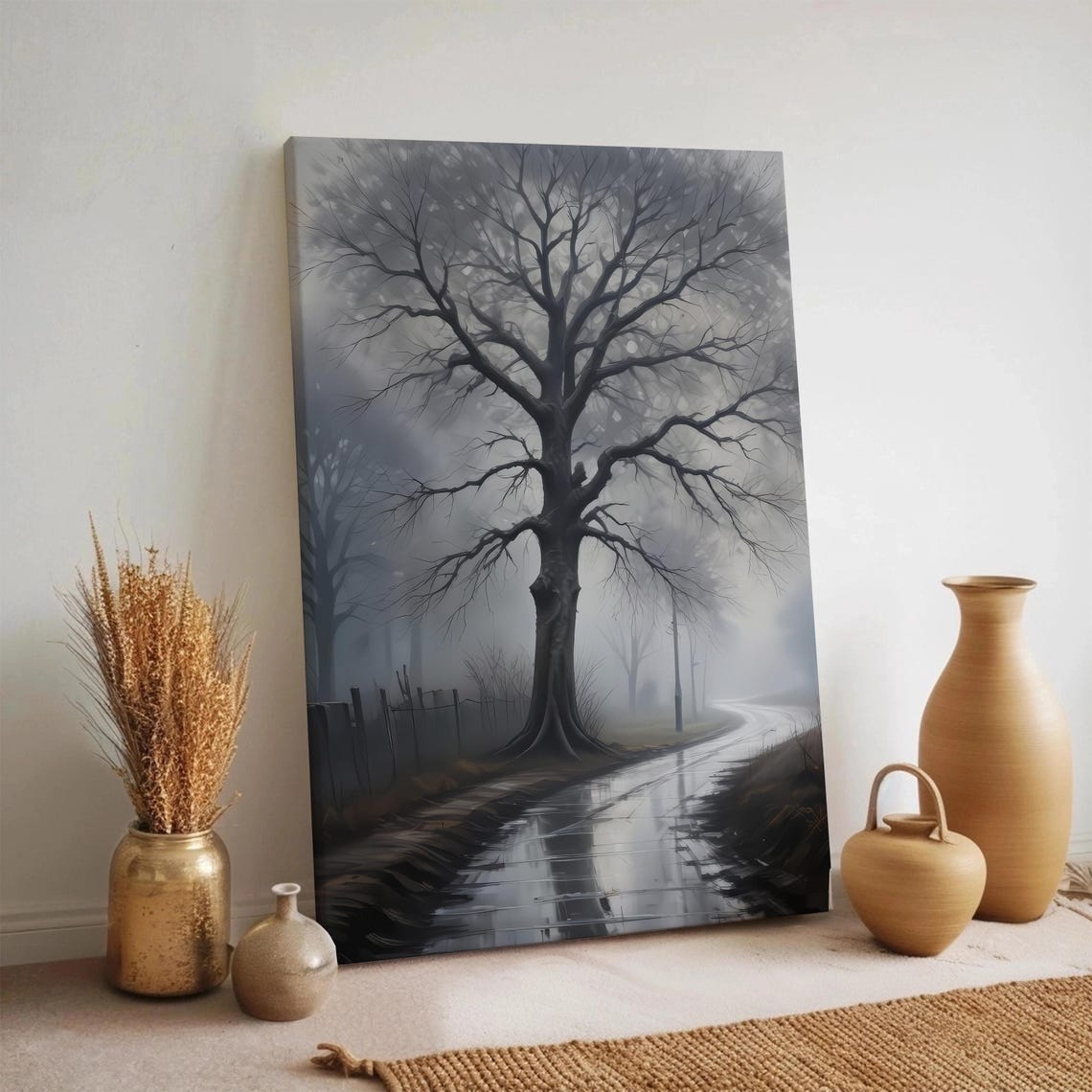 Foggy Tree Rainy Road Misty Forest Moody Winter Landscape Art Poster