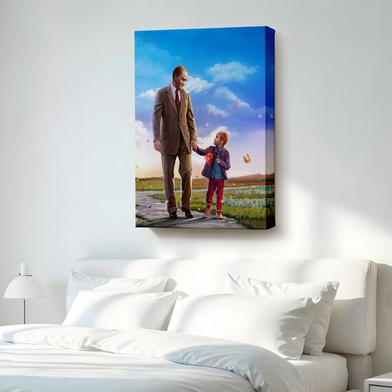 Mustafa Kemal Ataturk Holding Child Hand Tulip Field Turkish Flag Poster